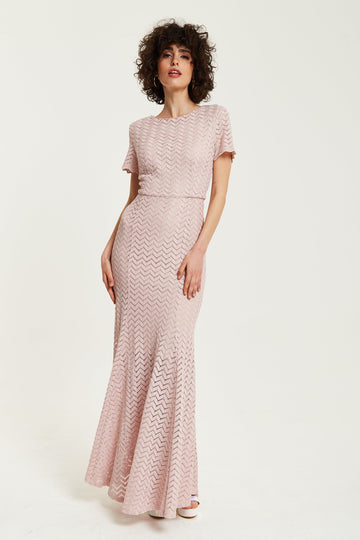 Light Pink Lace Maxi Dress With Open Back Detail Liquorish